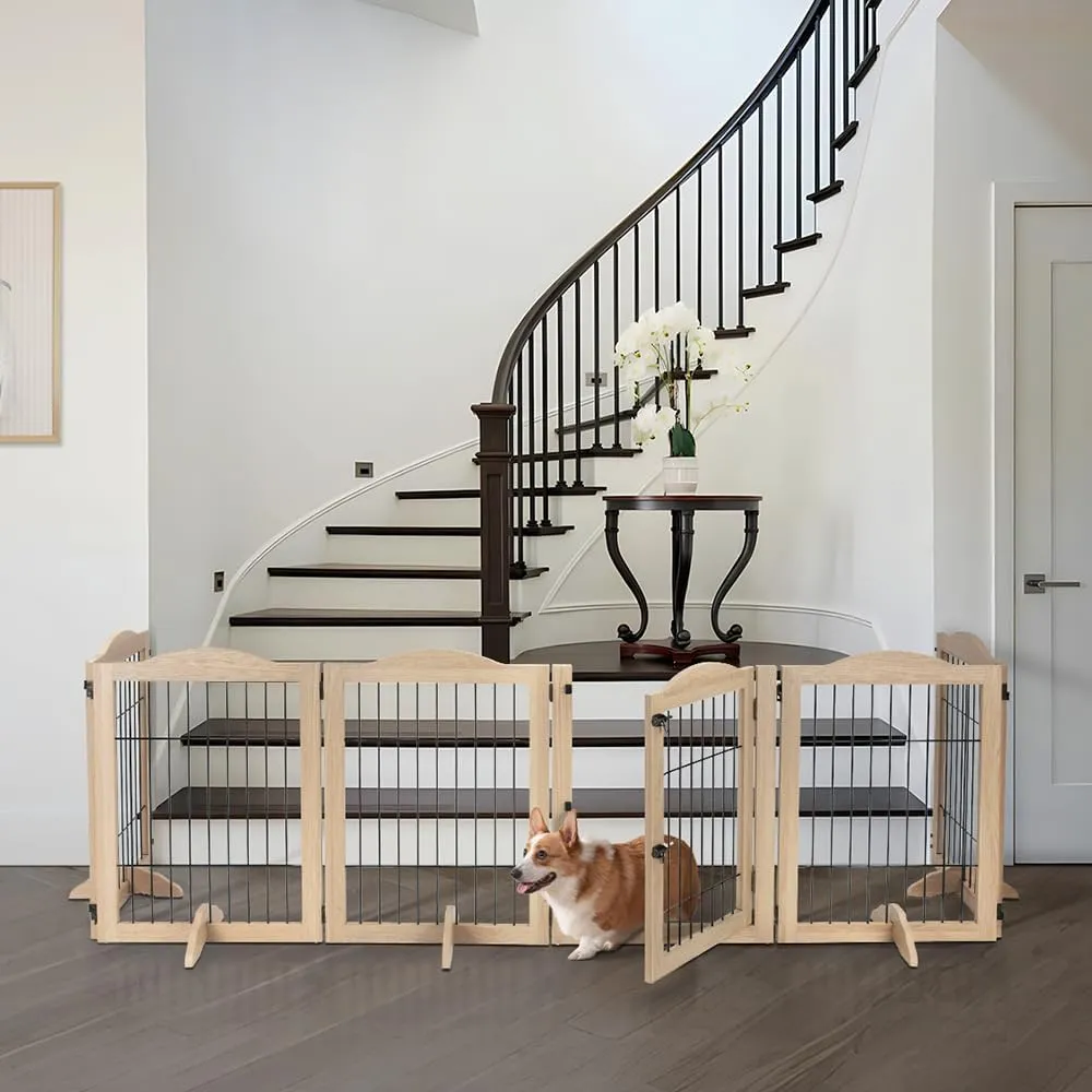 unipaws 132" Extra Wide Dog Gate and Pet Playpen, Free Standing Tall Dog Fence with Walk Through Door, Dog Barriers for Home, Use as Indoor Dogs Cats Pen, Rabbit Pen, Nature