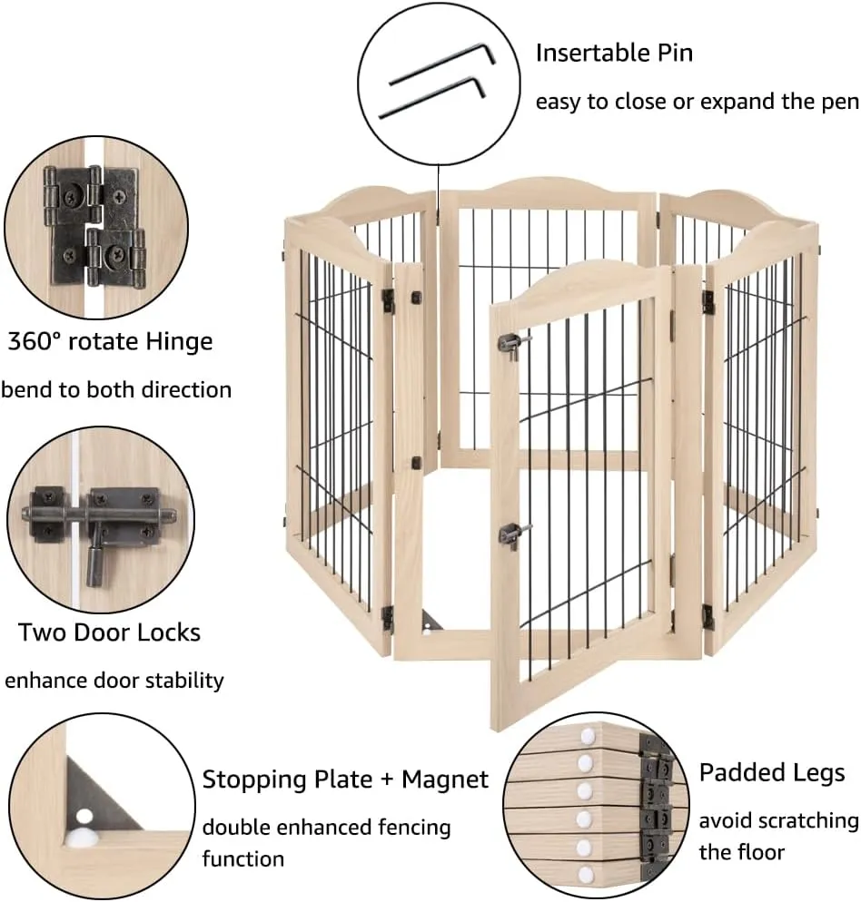 unipaws 132" Extra Wide Dog Gate and Pet Playpen, Free Standing Tall Dog Fence with Walk Through Door, Dog Barriers for Home, Use as Indoor Dogs Cats Pen, Rabbit Pen, Nature