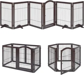 unipaws 144" Extra Wide Dog Gate and Pet Playpen, Free Standing Tall Dog Fence with Walk Through Door, Barriers for Home, Use as Indoor Cats Pen, Rabbit Pen, Espresso