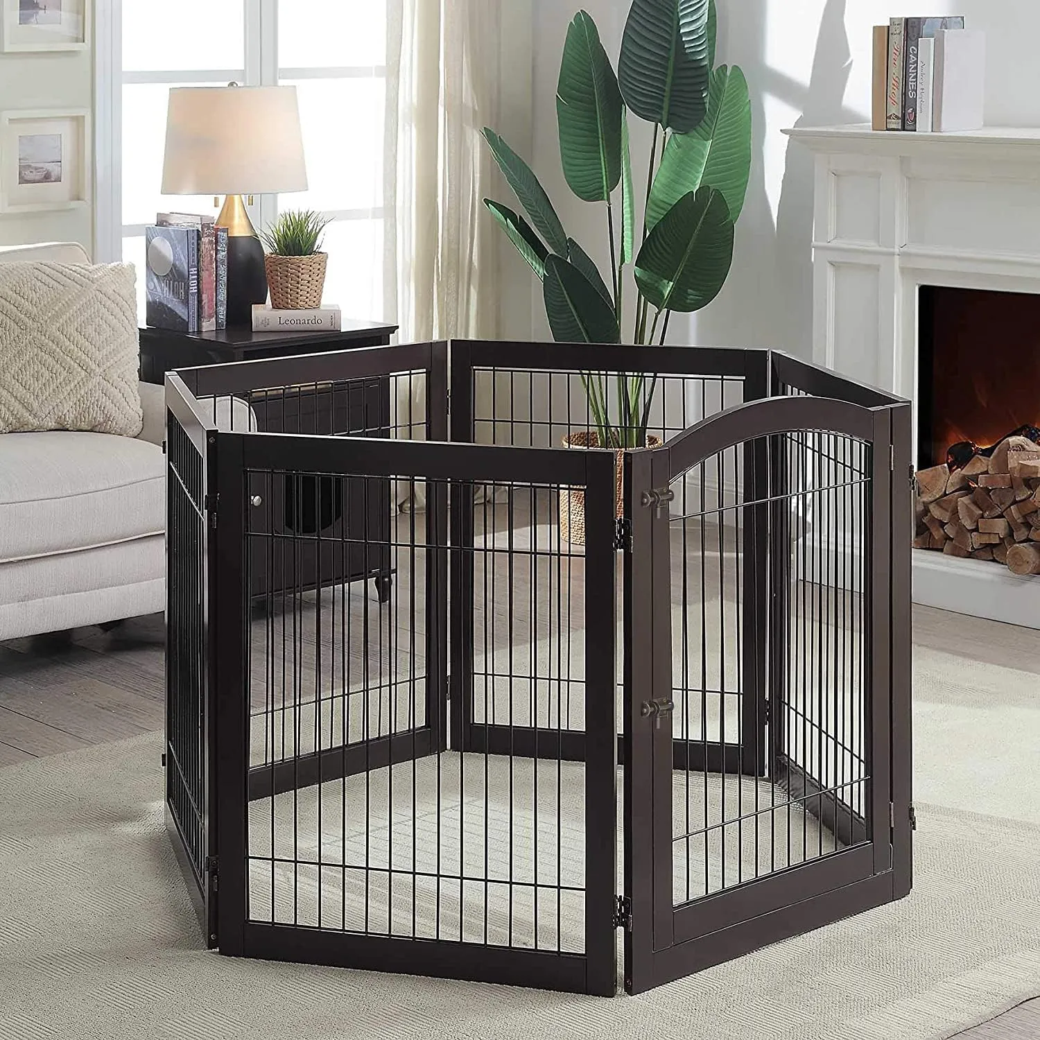 unipaws 144" Extra Wide Dog Gate and Pet Playpen, Free Standing Tall Dog Fence with Walk Through Door, Barriers for Home, Use as Indoor Cats Pen, Rabbit Pen, Espresso