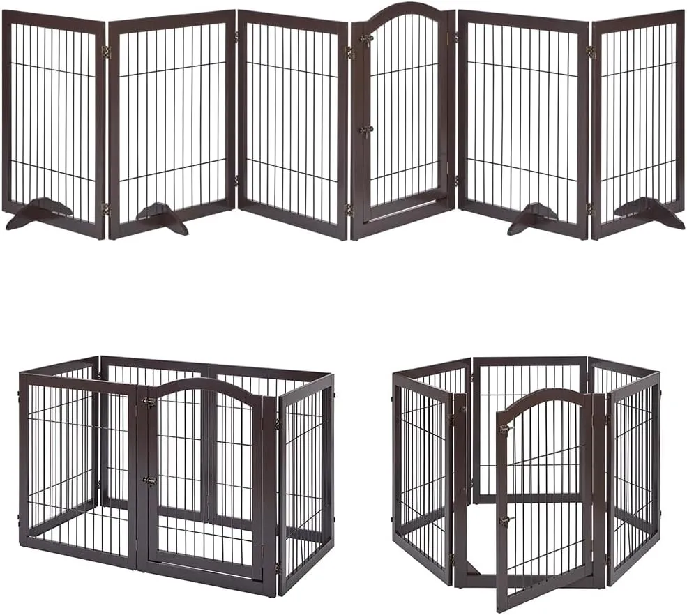 unipaws 144" Extra Wide Dog Gate and Pet Playpen, Free Standing Tall Dog Fence with Walk Through Door, Barriers for Home, Use as Indoor Cats Pen, Rabbit Pen, Espresso