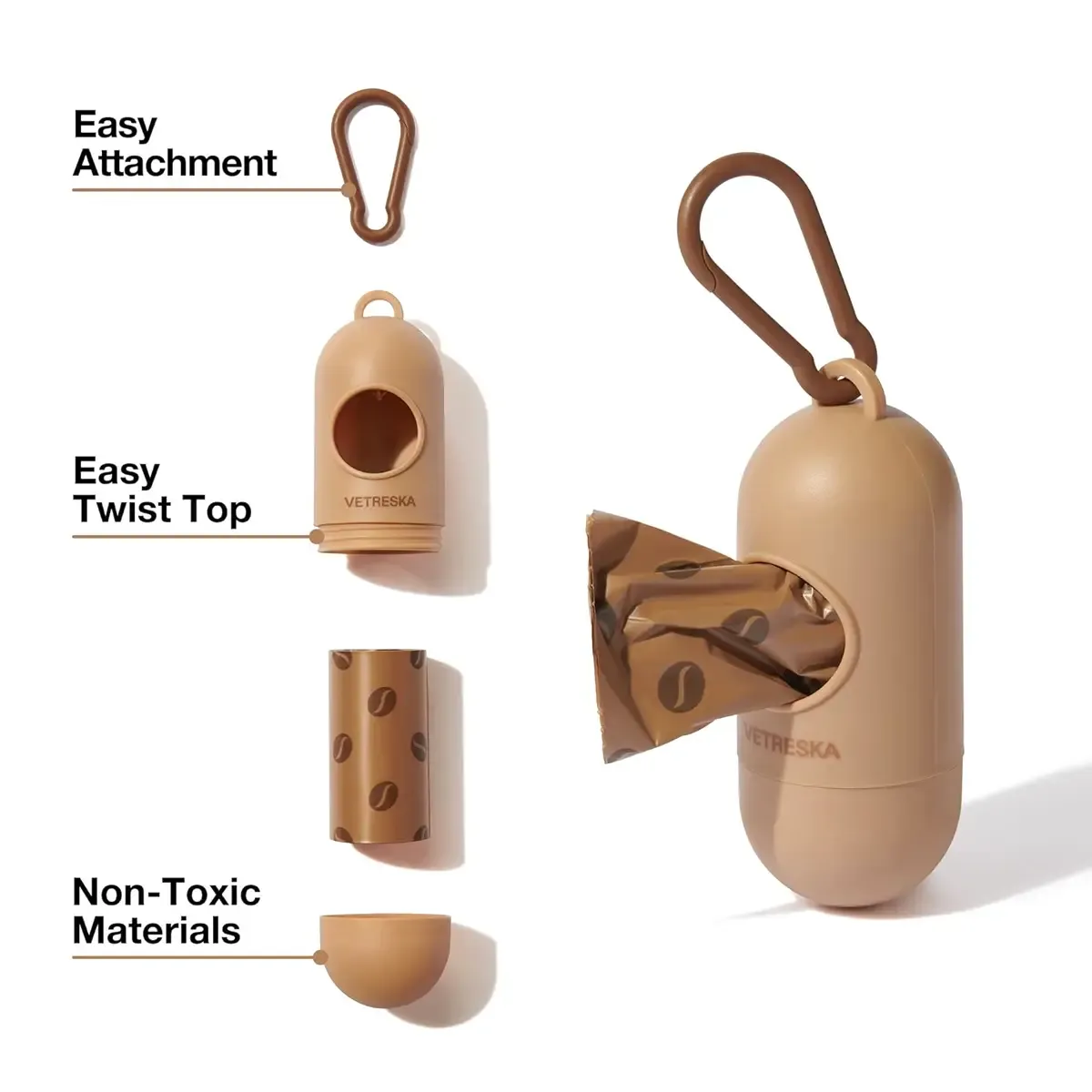 Vetreska - Coffee Pet Poop Bags & Dispenser Set (1 Dispenser   7 Rolls)