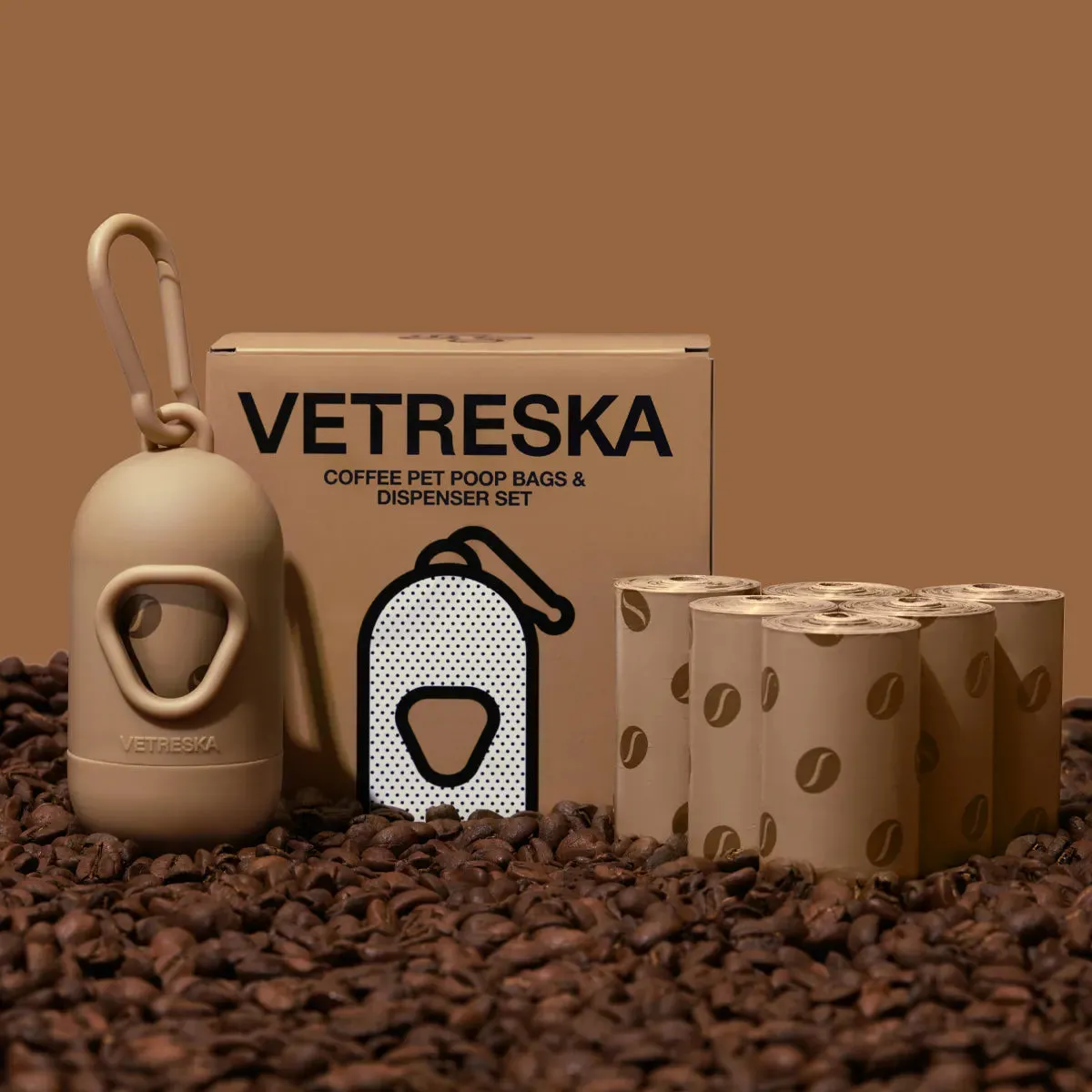 Vetreska - Coffee Pet Poop Bags & Dispenser Set (1 Dispenser   7 Rolls)
