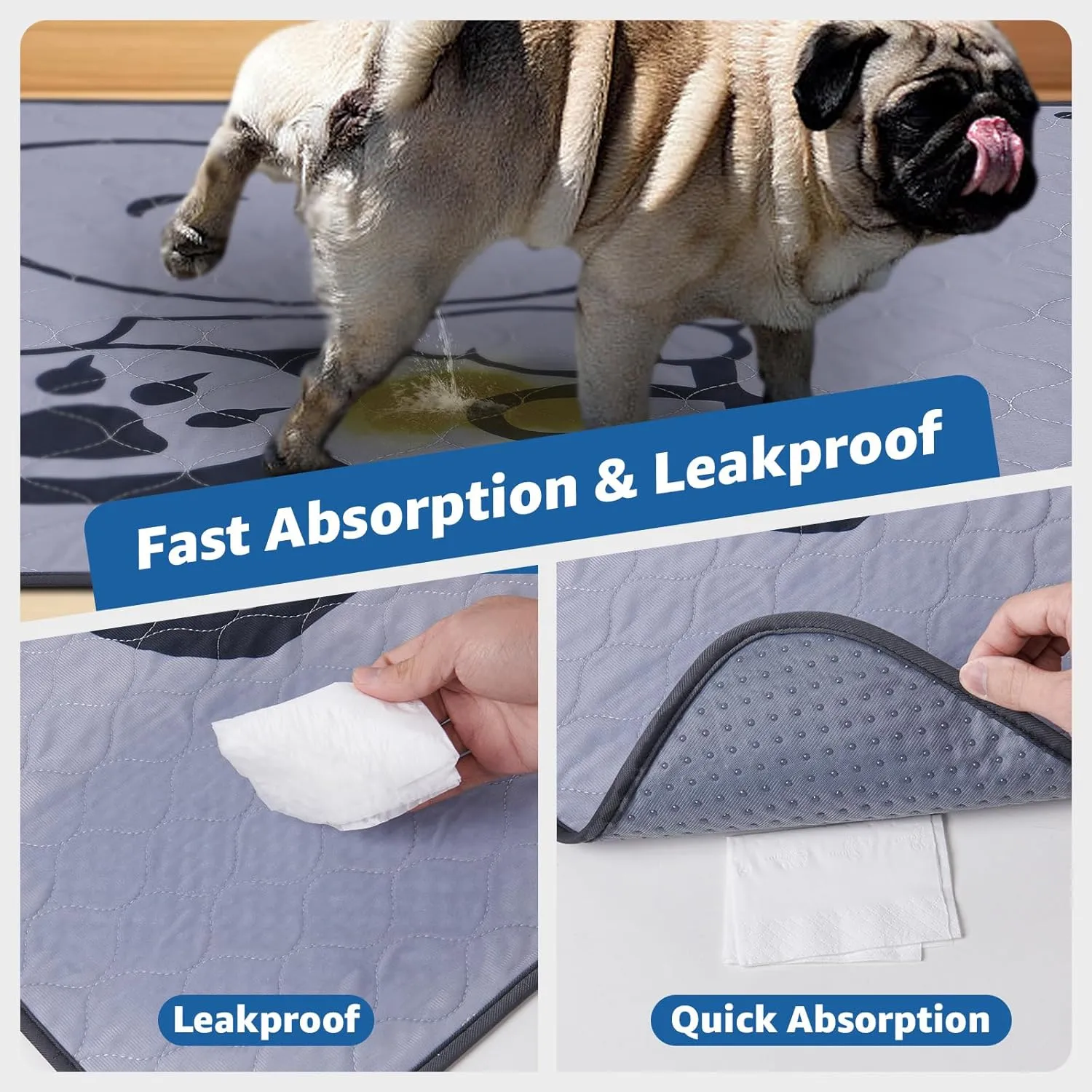 Washable Pee Pads for Dogs: 2 Pack Puppy Pads Washable Mat - Absorbent Reusable Whelping Pads, Non-Slip Dog Mats for Floor Protection, Couch Cover, Crate, Potty Training, Puppy Pen Pad 24x35 in, Gray