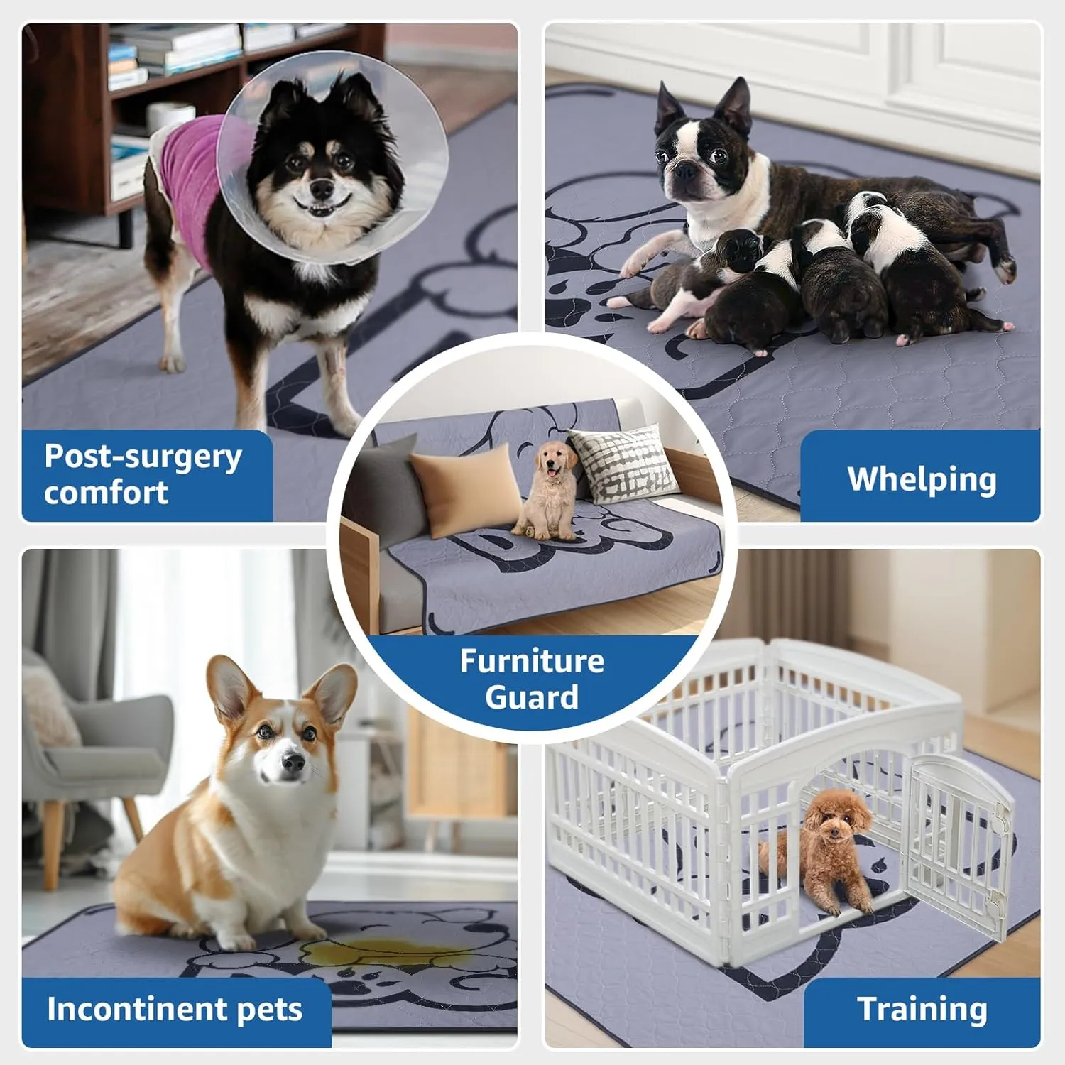 Washable Pee Pads for Dogs: 2 Pack Puppy Pads Washable Mat - Absorbent Reusable Whelping Pads, Non-Slip Dog Mats for Floor Protection, Couch Cover, Crate, Potty Training, Puppy Pen Pad 24x35 in, Gray