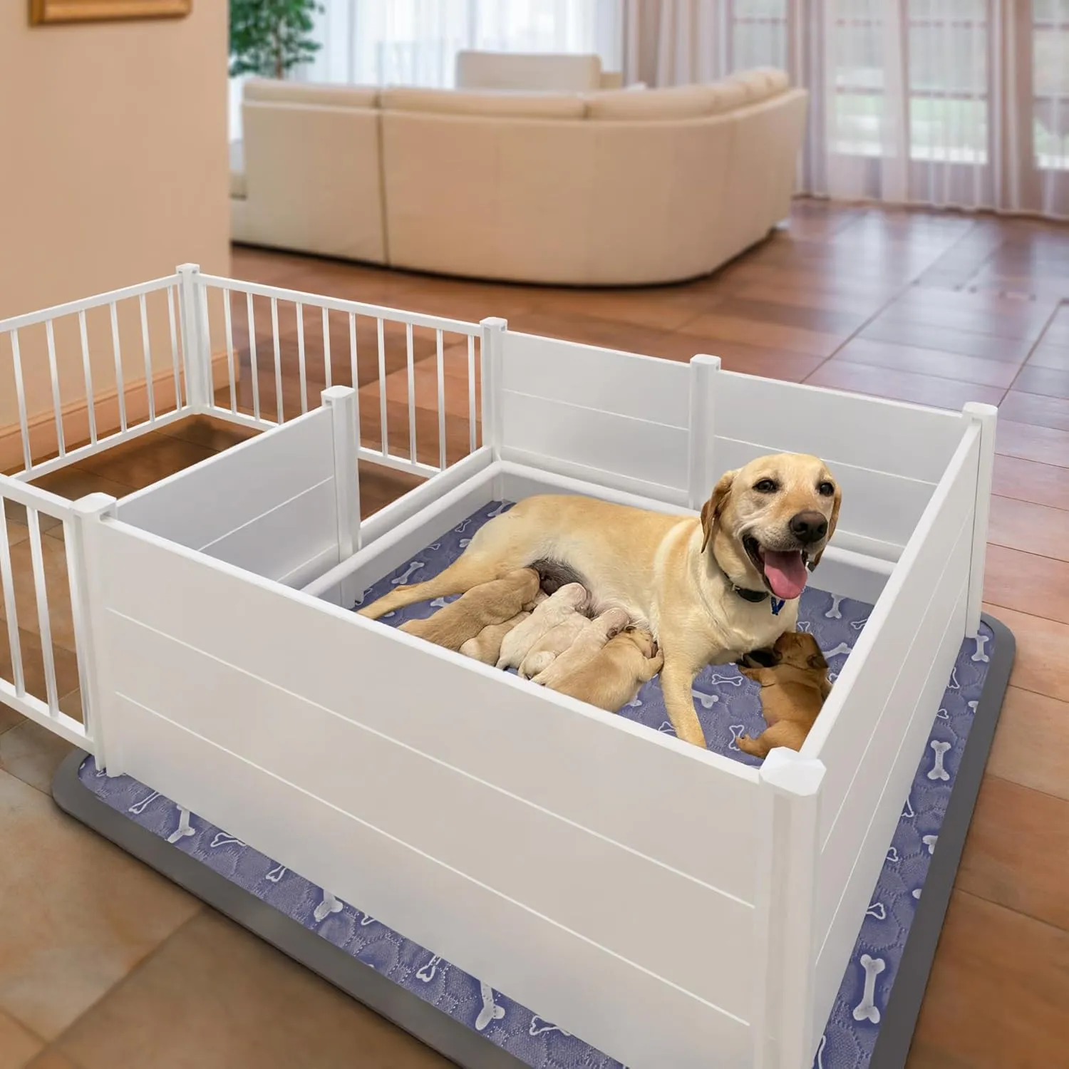 Whelping Box,Whelping Box for Dogs with Washable Puppy Pads, Double Rooms Whelping Pen for Large Breed Dogs,Indoor Whelping Kit for Puppies Birth,White,96"x48"x19.5"