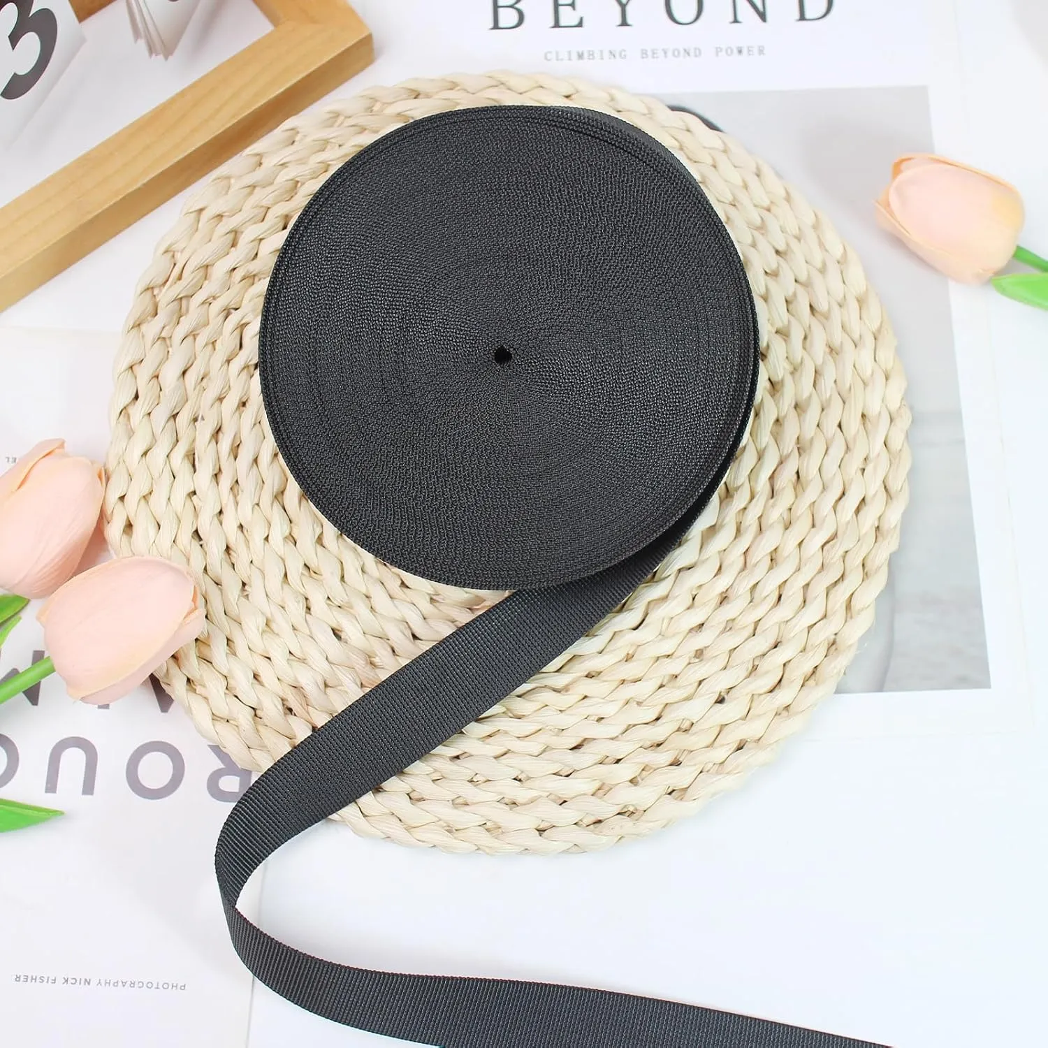 ZHFMILY Black Nylon Webbing Strap with Plastic Buckles 45ft Flat Webbing Strapping for Indoor&Outdoor Gear, Pet Collars, DIY Projects, Crafts, Repairing.
