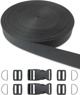 ZHFMILY Black Nylon Webbing Strap with Plastic Buckles 45ft Flat Webbing Strapping for Indoor&Outdoor Gear, Pet Collars, DIY Projects, Crafts, Repairing.