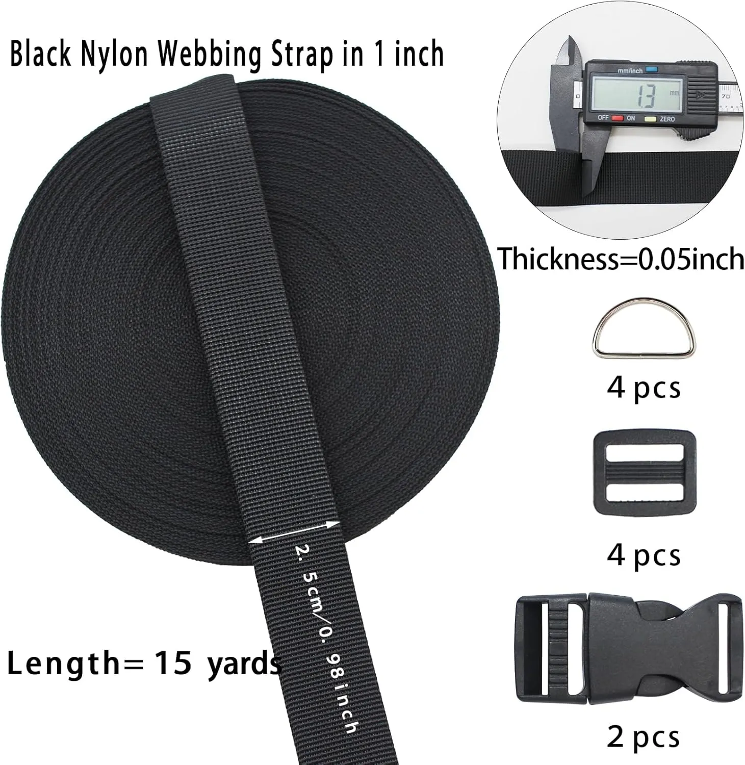 ZHFMILY Black Nylon Webbing Strap with Plastic Buckles 45ft Flat Webbing Strapping for Indoor&Outdoor Gear, Pet Collars, DIY Projects, Crafts, Repairing.