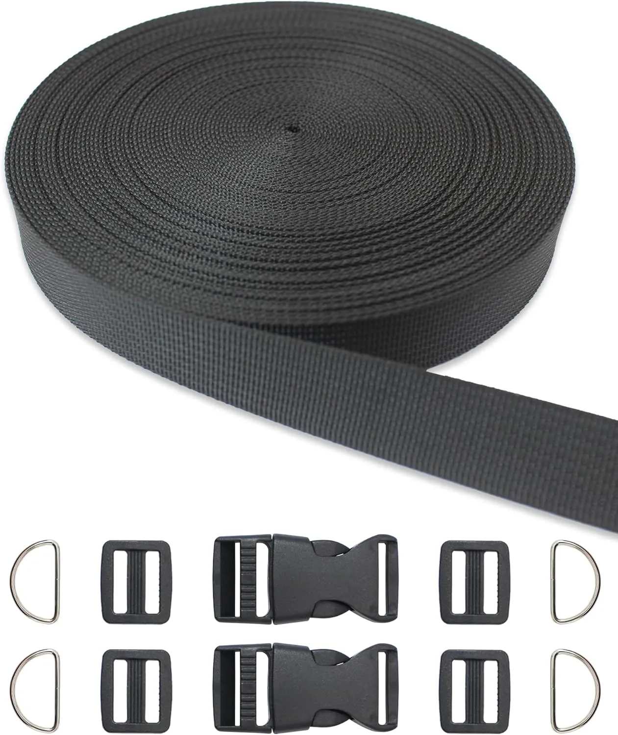 ZHFMILY Black Nylon Webbing Strap with Plastic Buckles 45ft Flat Webbing Strapping for Indoor&Outdoor Gear, Pet Collars, DIY Projects, Crafts, Repairing.
